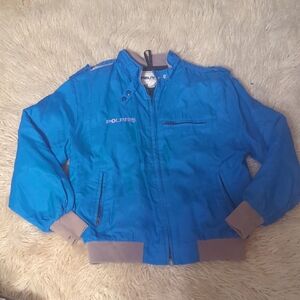 Polaris vintage blue Members Only bomber jacket with a Polaris logo.